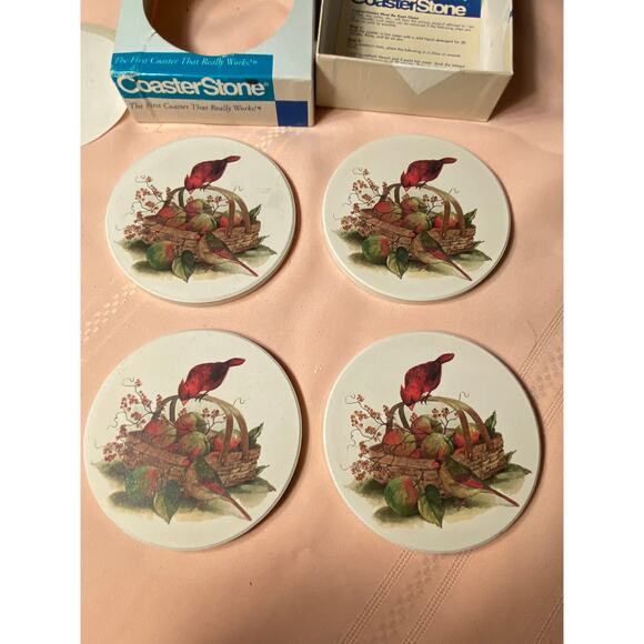 CoasterStone Set of 4 Drink Coasters Pair of Cardinal Birds on Apple Basket NIB - Picture 7 of 12